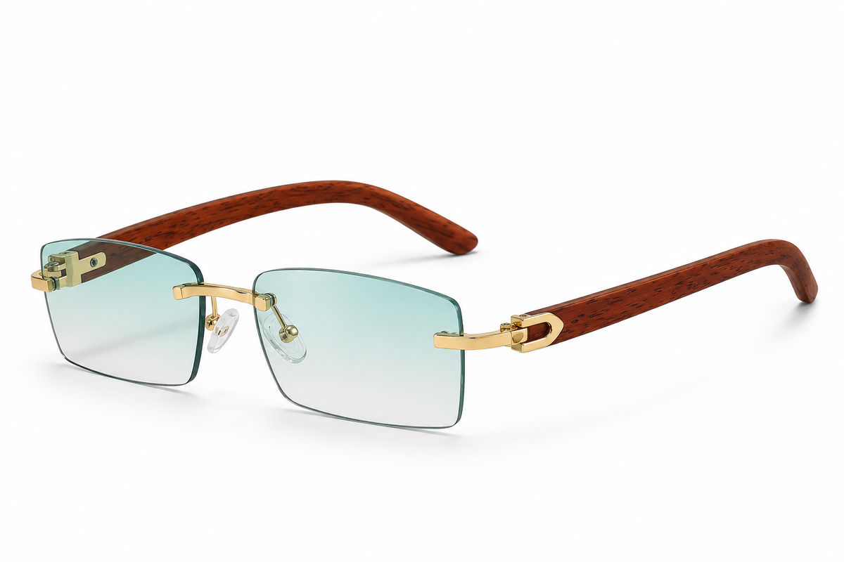 The Quartz sunglasses, gold frame with wood-effect arms and light green lenses